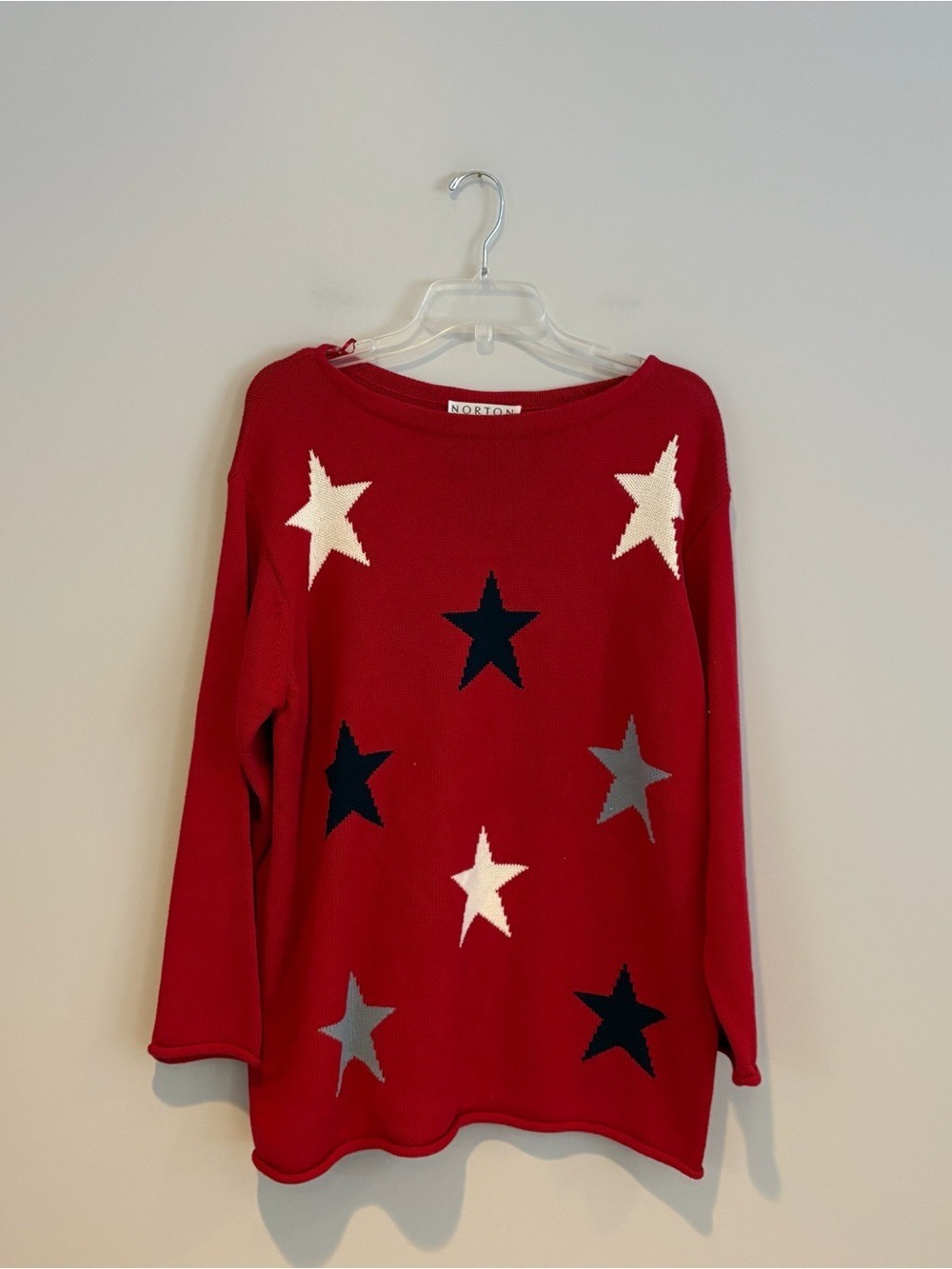 Vintage Norton Studio Women's 100% Cotton Red Crew Neck Star Sweater Size L